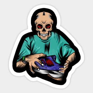 vector image with a person with a skull head holding a shoe Sticker